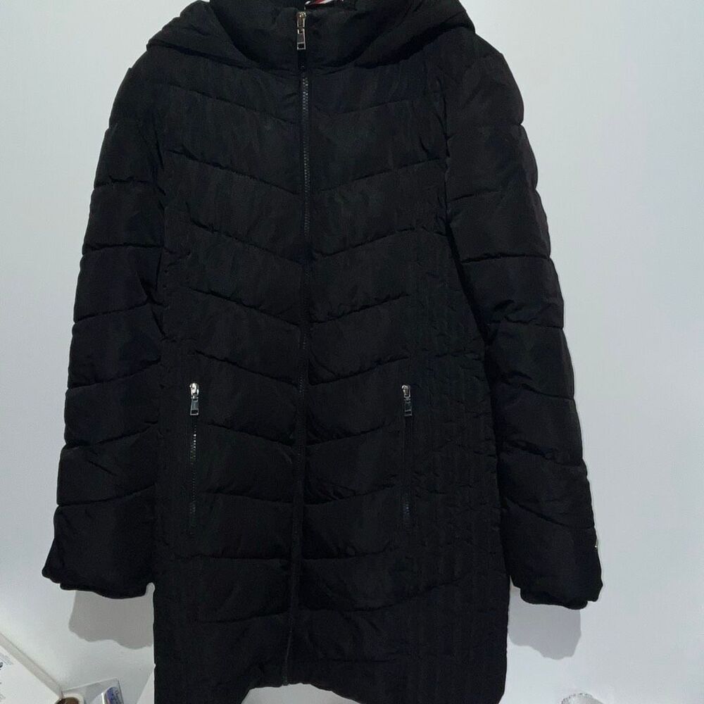 Tommy Hilfiger Womens Black Chevron Quilted Hooded Puffer‎ Jacket Coat Large
